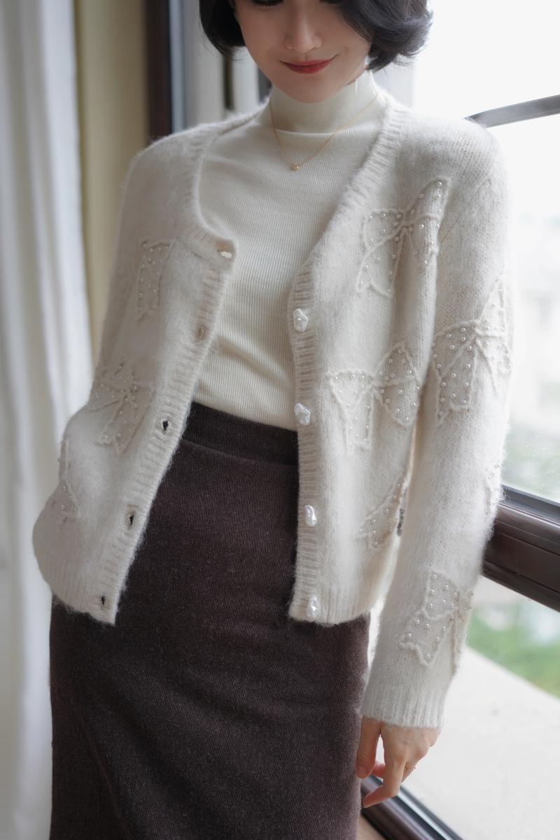 Embroidered mohair cardigan with bow