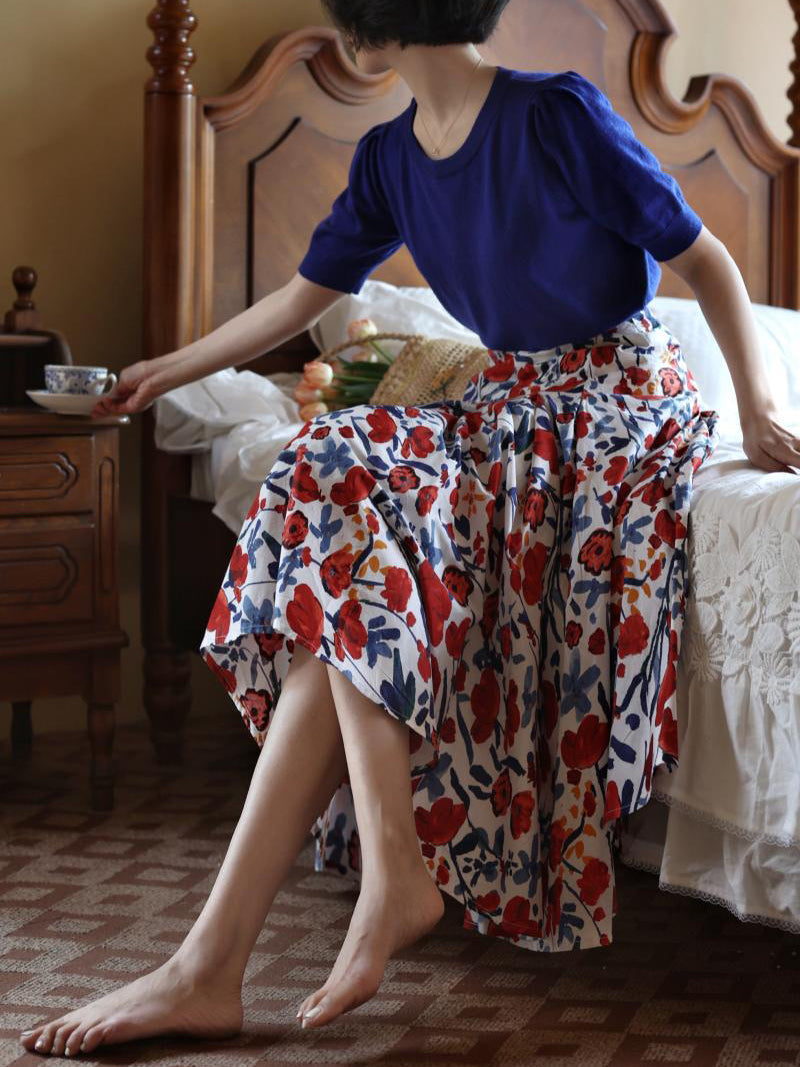 oil painting flower pattern hepburn skirt