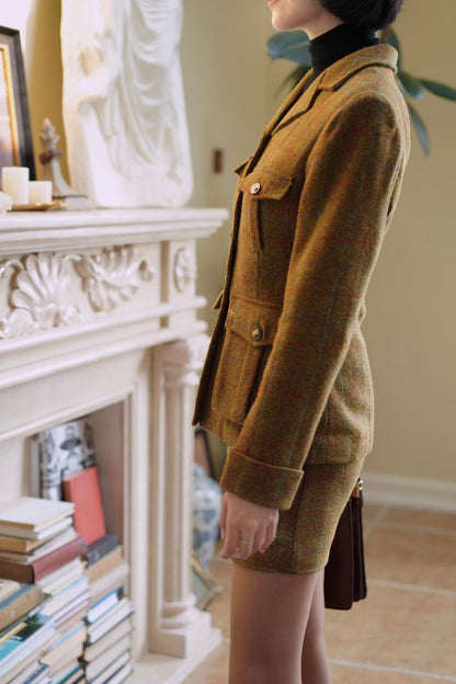 Gray-yellow-green plaid tweed jacket and tweed skirt