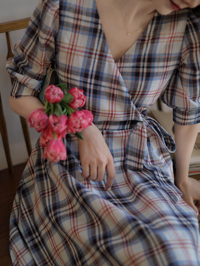 Indigo red plaid retro dress