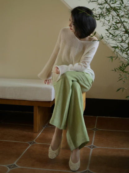 Yellow Light Green Lady Wide Leg Linen Pants