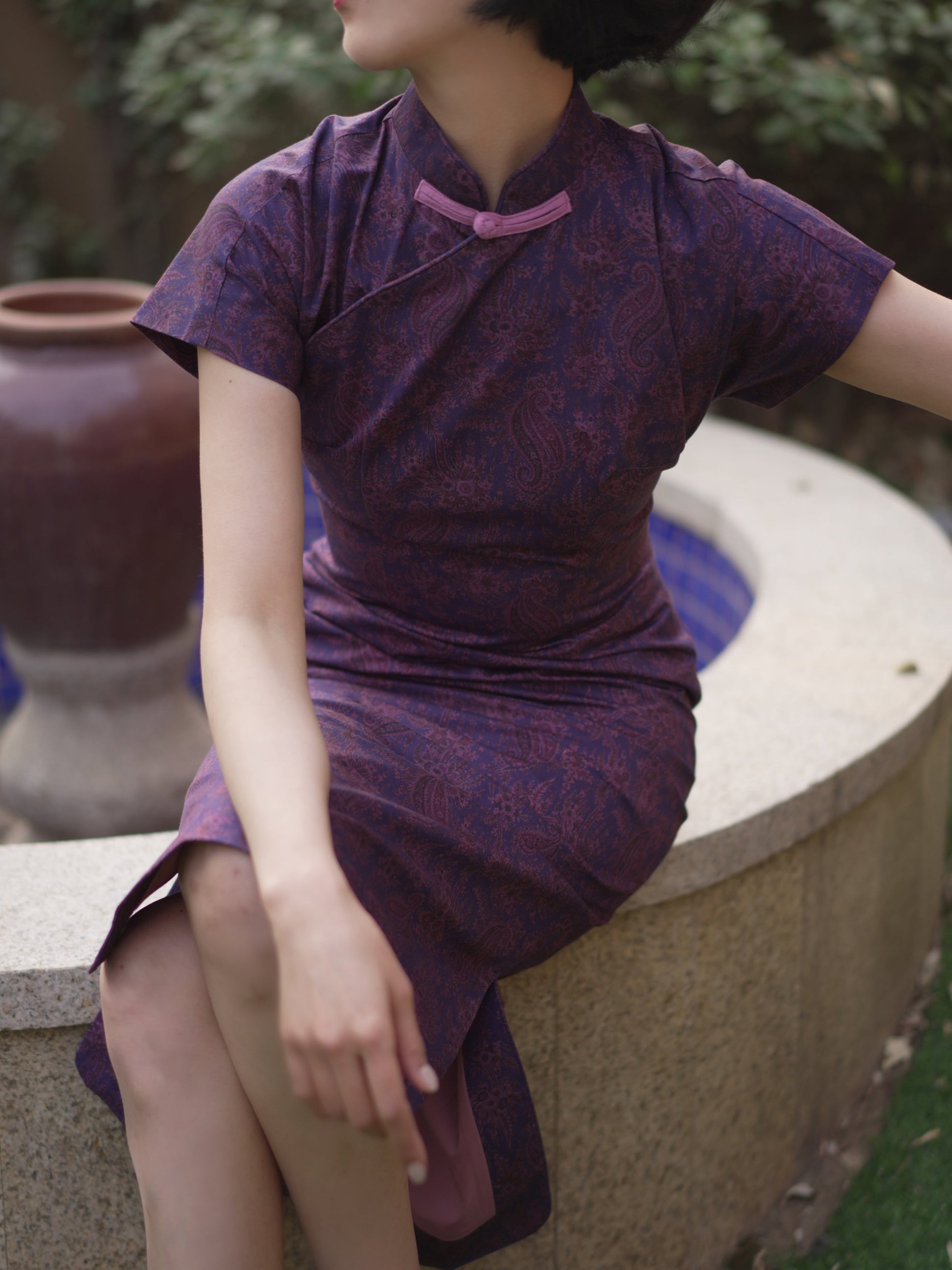 purple floral cheongsam dress