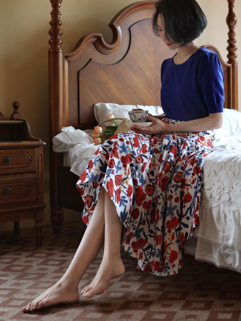 oil painting flower pattern hepburn skirt