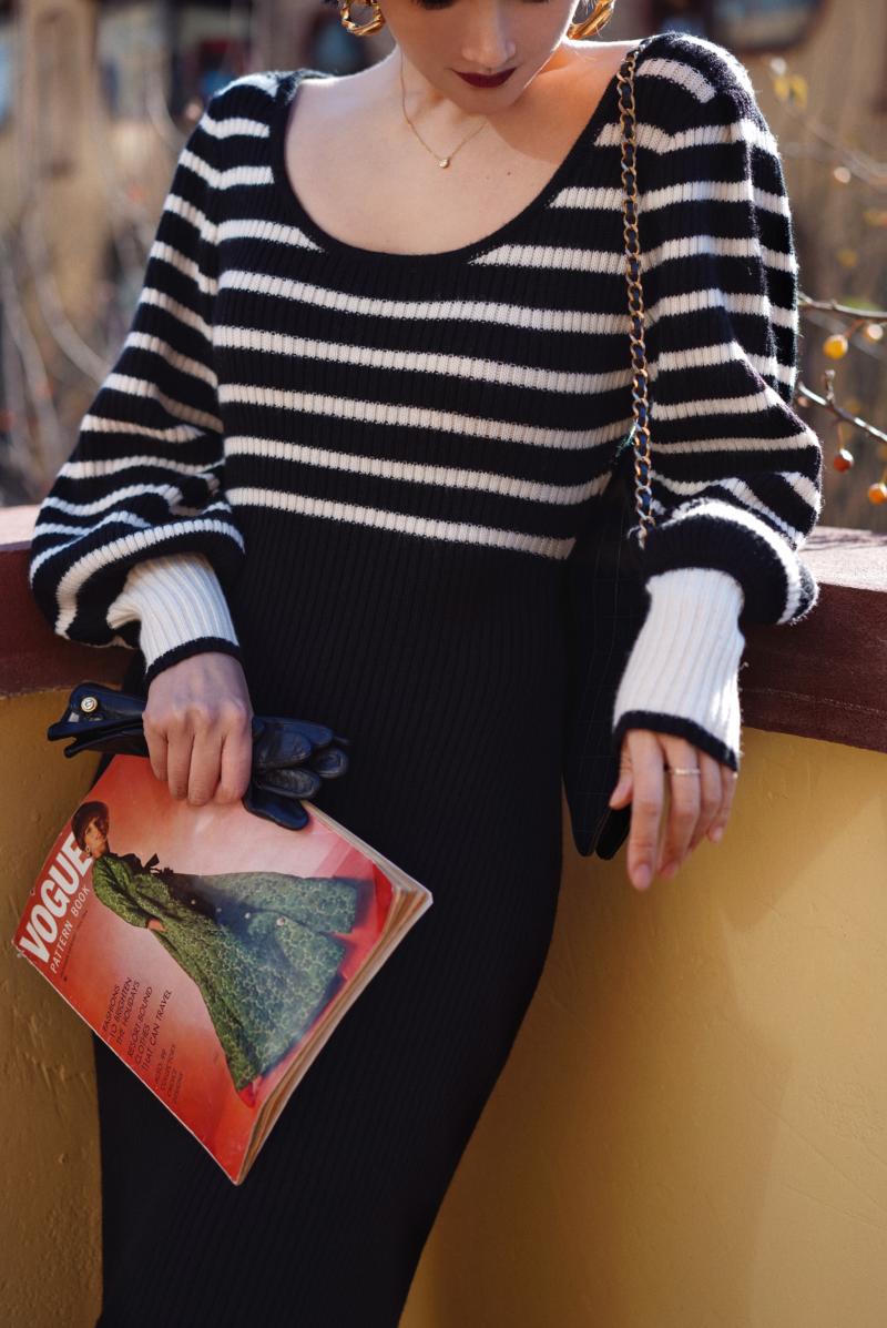 Black and white striped knit dress