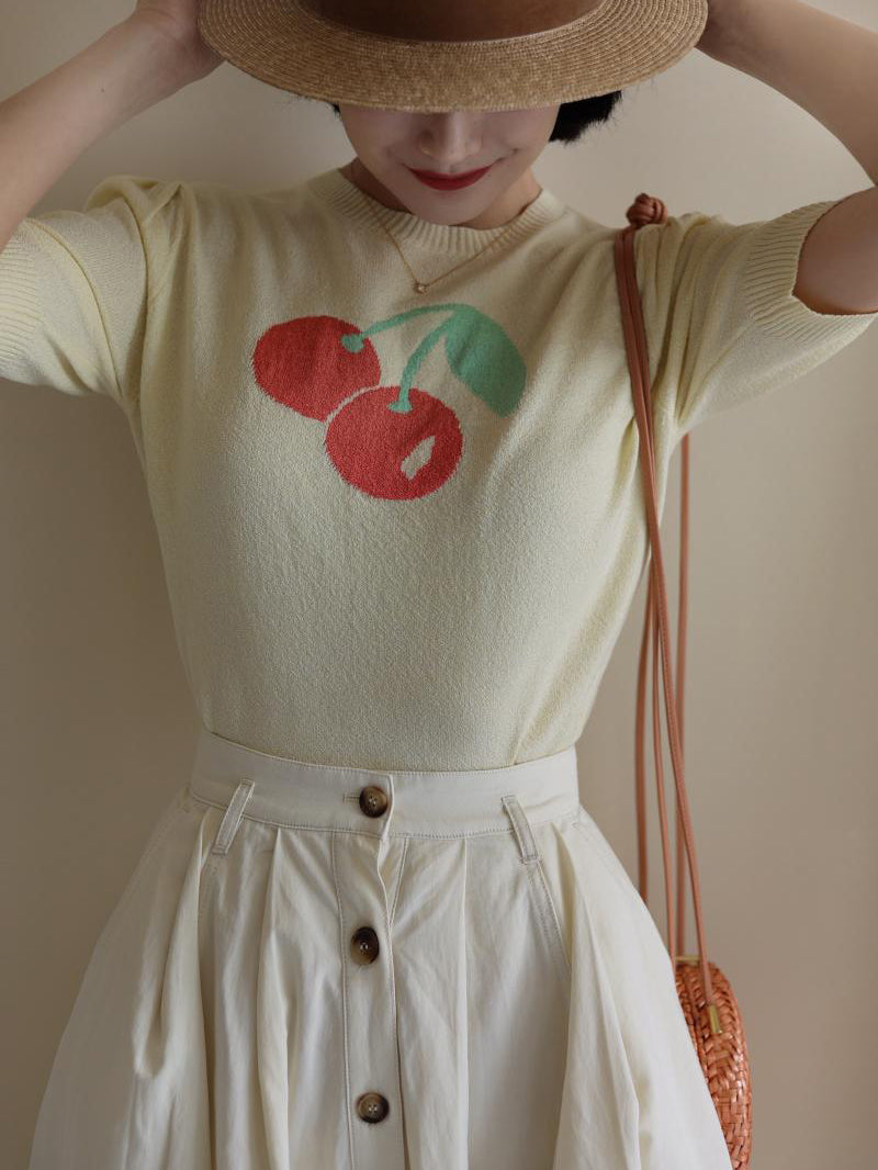 Knitted top with red cherry print