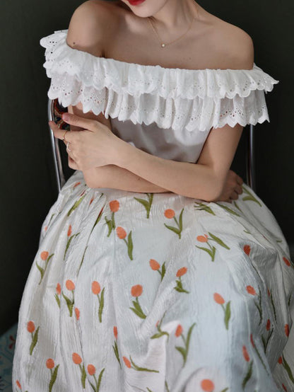 Pure white embroidery off-shoulder blouse