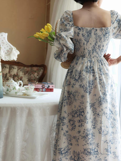 Blue indigo flower pattern retro dress