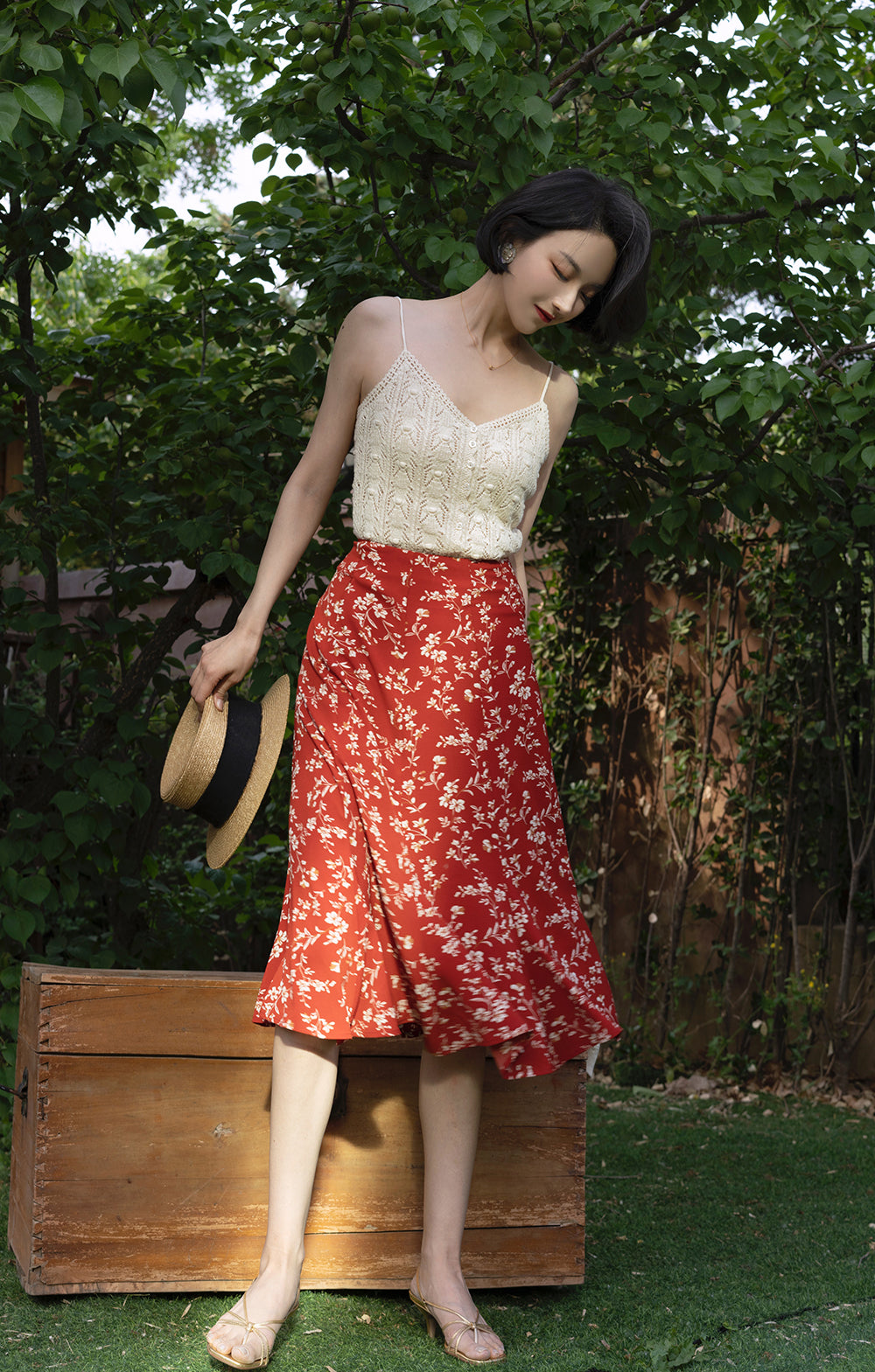 crimson flower retro middle skirt