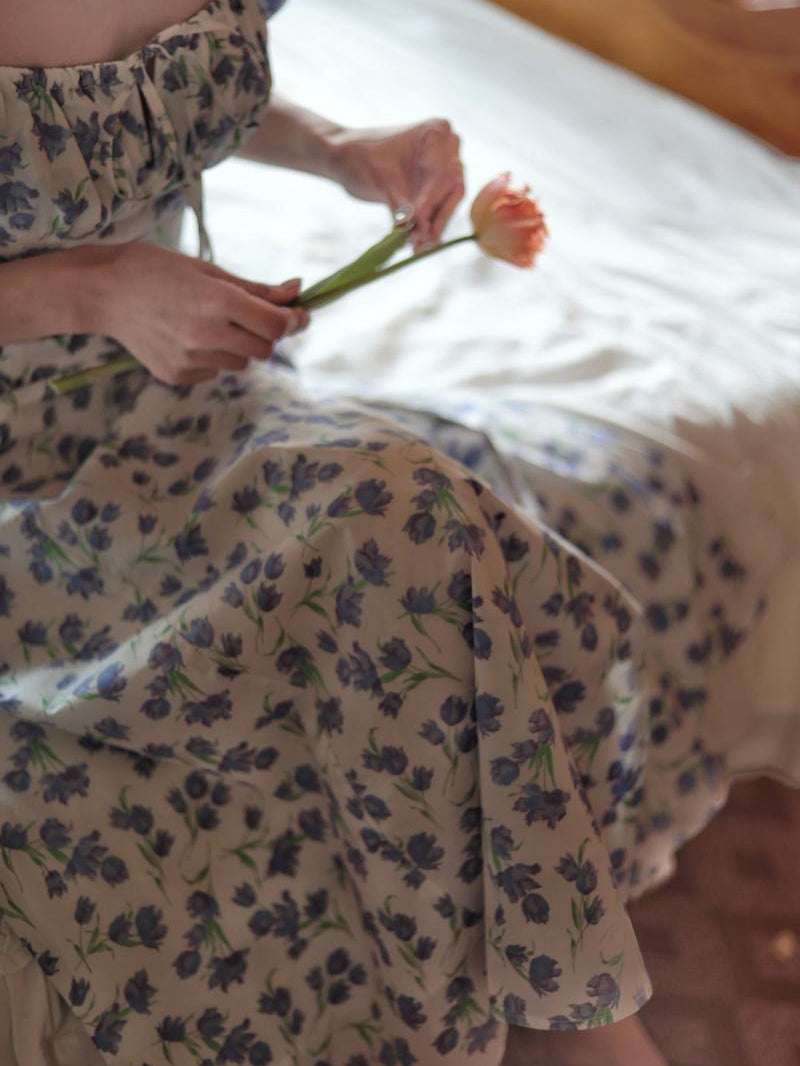 Blue Floral Pattern French Retro Dress