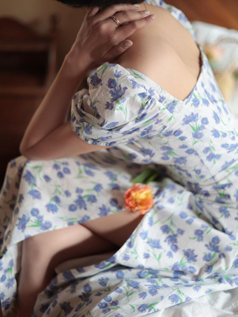 Blue Floral Pattern French Retro Dress