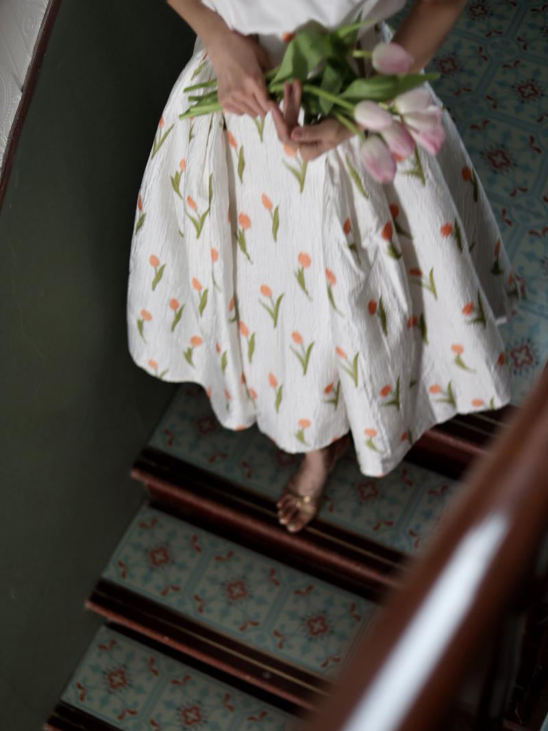 Orange floral high waist skirt