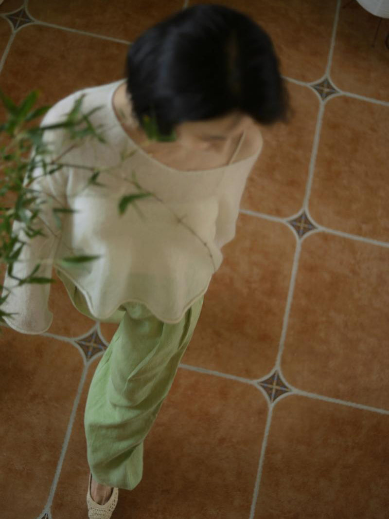 Yellow Light Green Lady Wide Leg Linen Pants