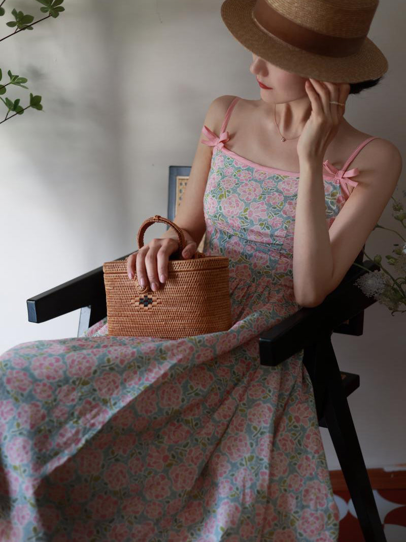 Baby Pink Flower Crowd Retro Camisole Dress