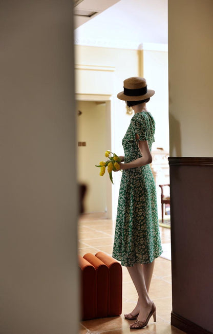 Green Bouquet French Retro Dress