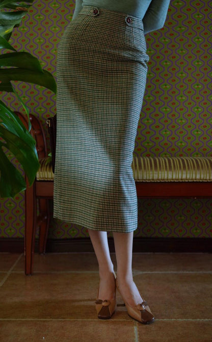 Blue-green houndstooth tweed tube skirt