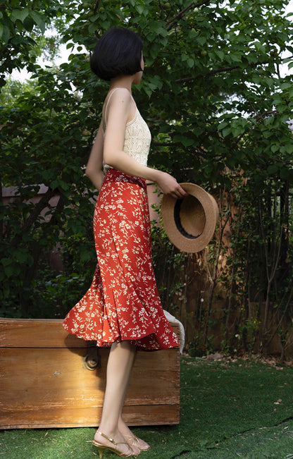 crimson flower retro middle skirt