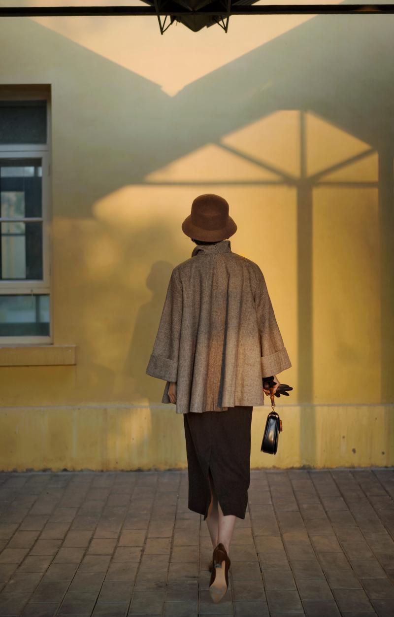 Gray brown lady herringbone wool coat