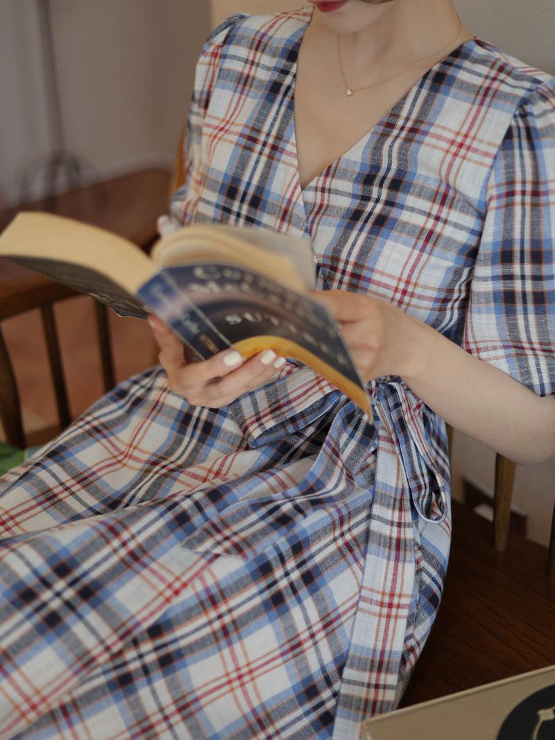 Indigo red plaid retro dress