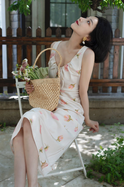 Light pink rose bud sleeveless long dress