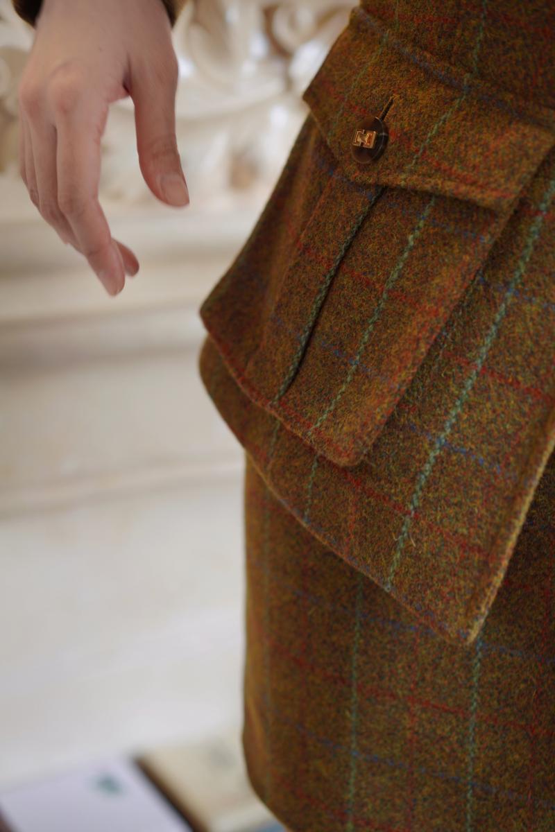 Gray-yellow-green plaid tweed jacket and tweed skirt