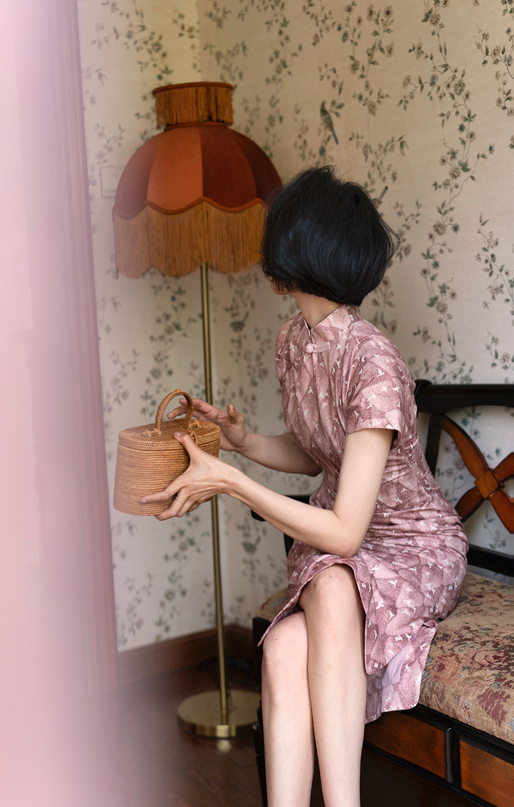 Pale crimson bird cheongsam dress