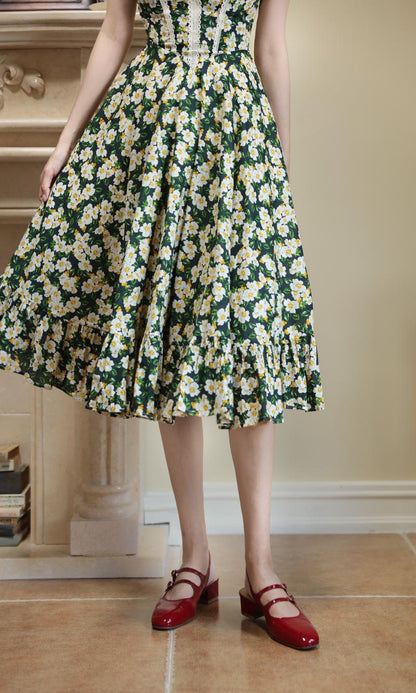 Dark Green Flower Crowd Hepburn Dress