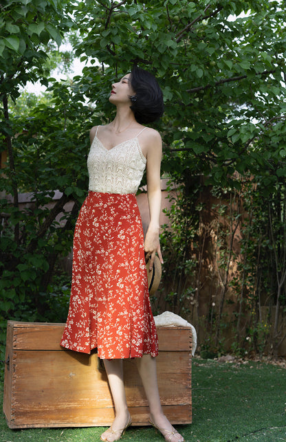 crimson flower retro middle skirt