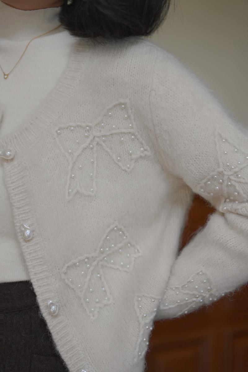 Embroidered mohair cardigan with bow