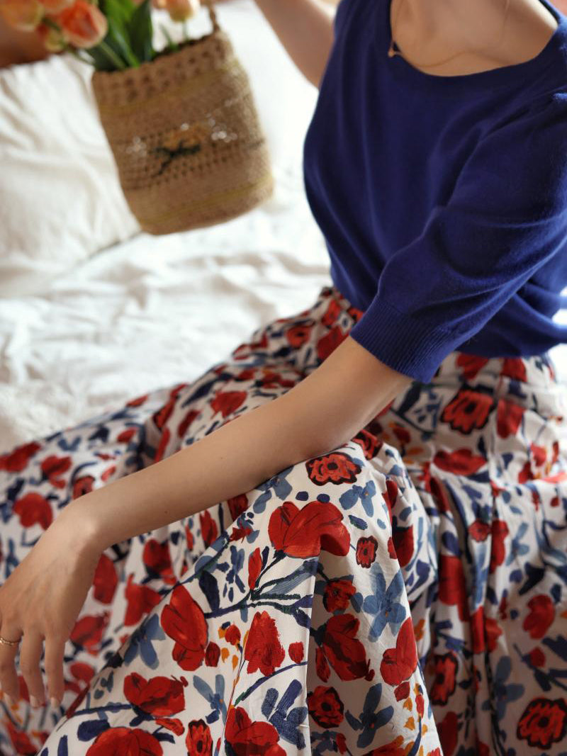 oil painting flower pattern hepburn skirt