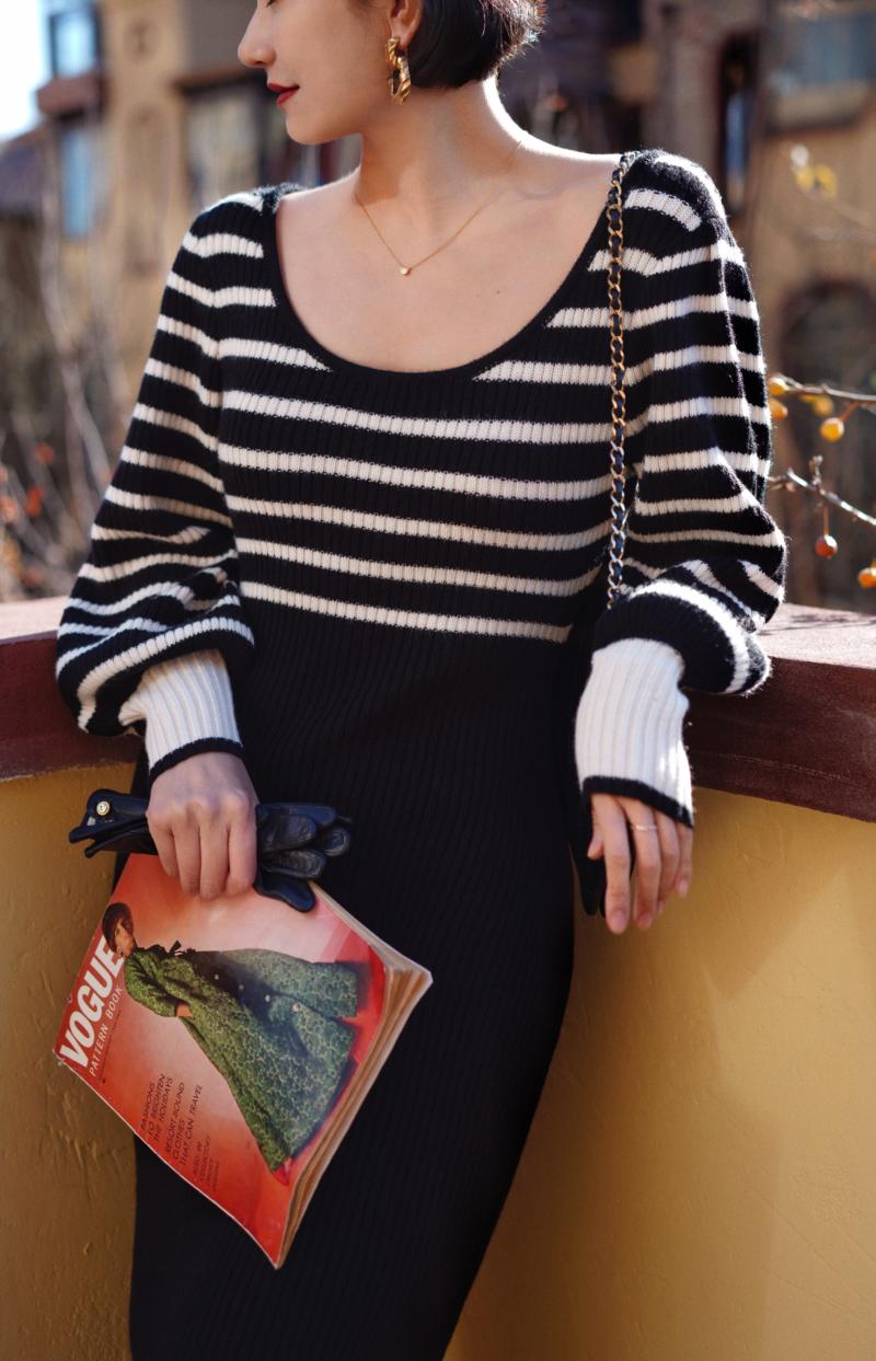 Black and white striped knit dress