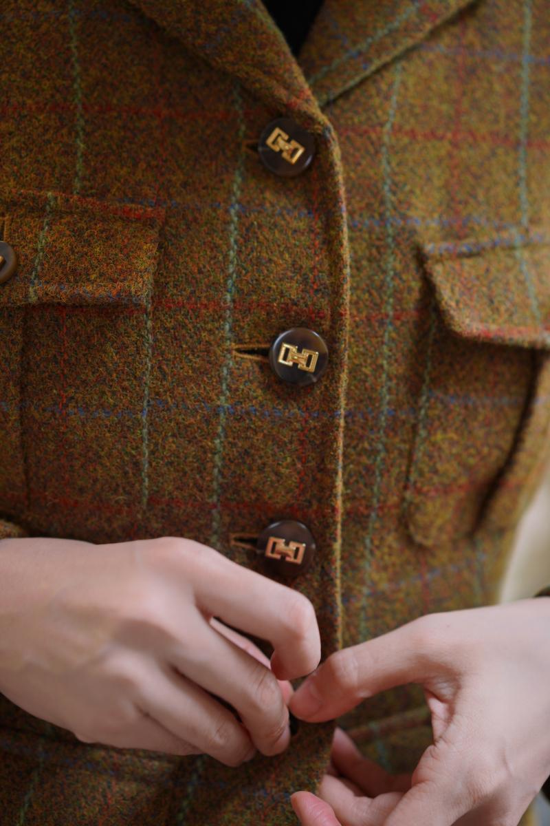 Gray-yellow-green plaid tweed jacket and tweed skirt