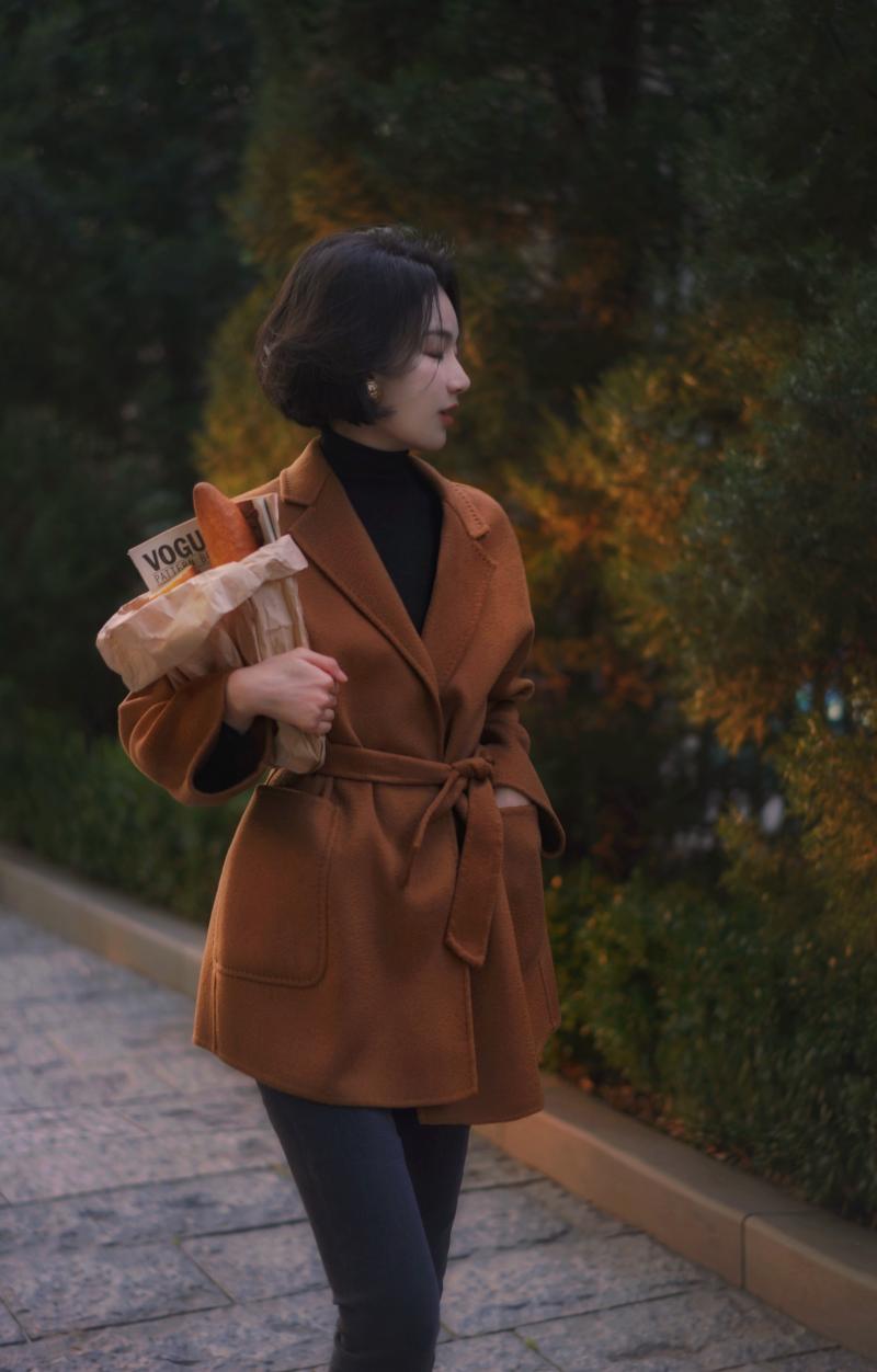 Gray Brown Lady Classical Middle Wool Coat