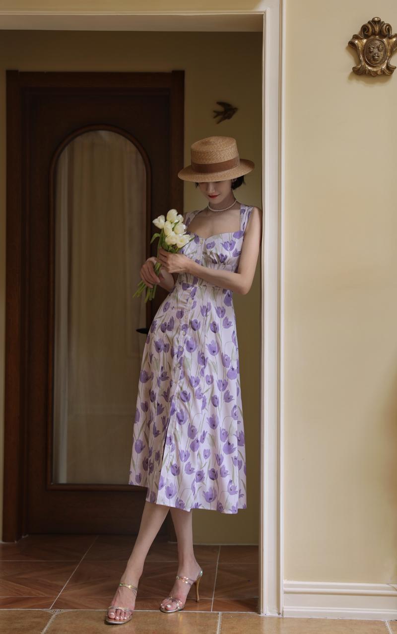 Light purple flower pattern retro dress