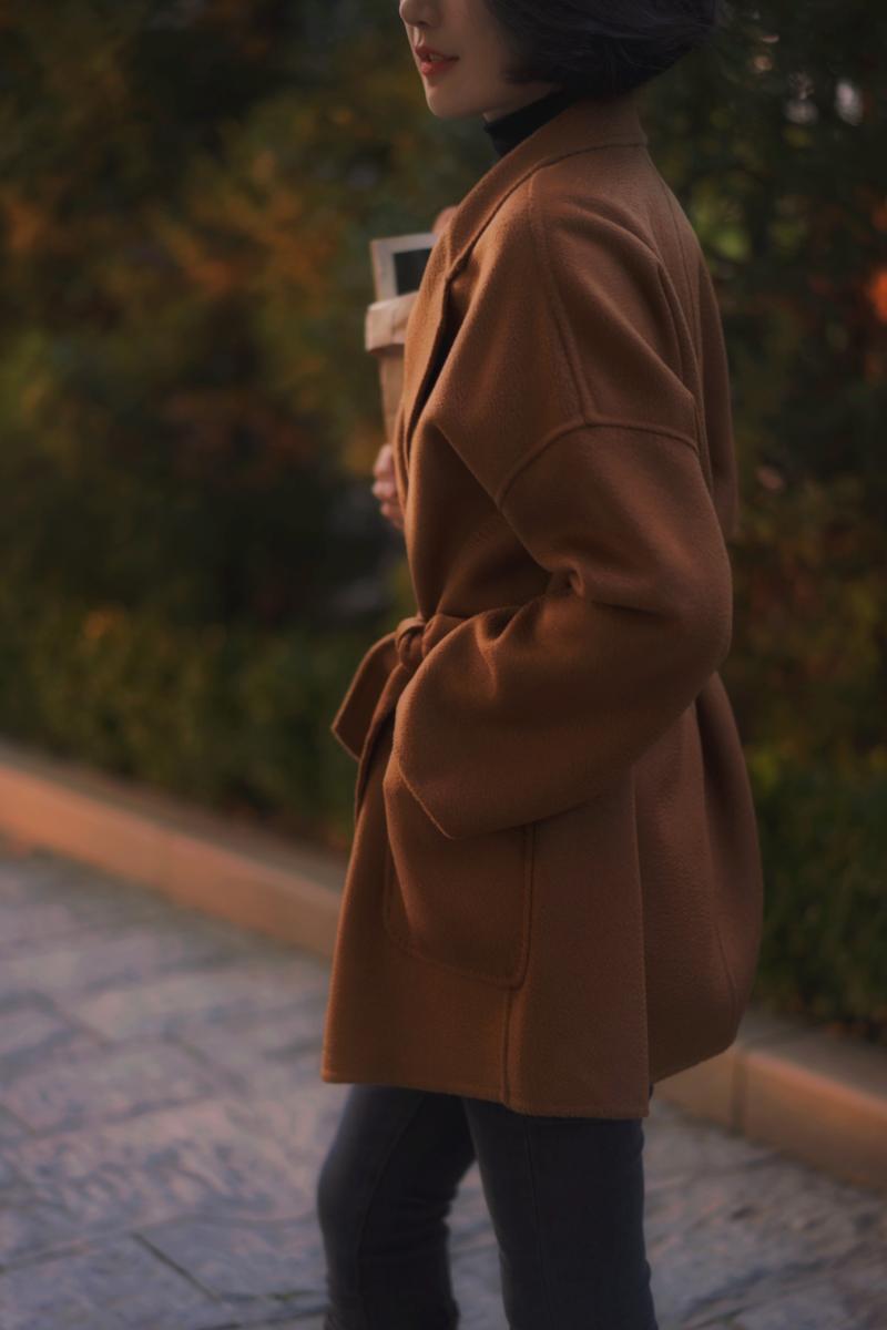 Gray Brown Lady Classical Middle Wool Coat