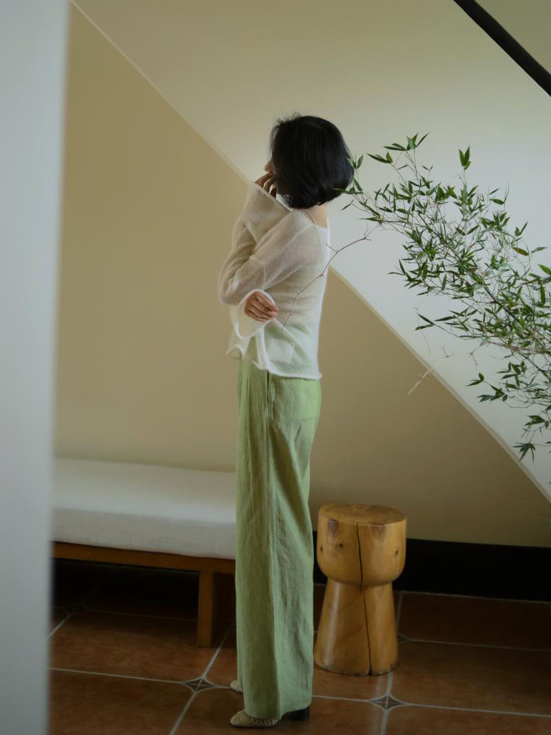 Yellow Light Green Lady Wide Leg Linen Pants