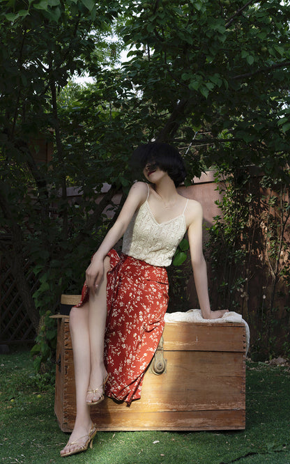 crimson flower retro middle skirt