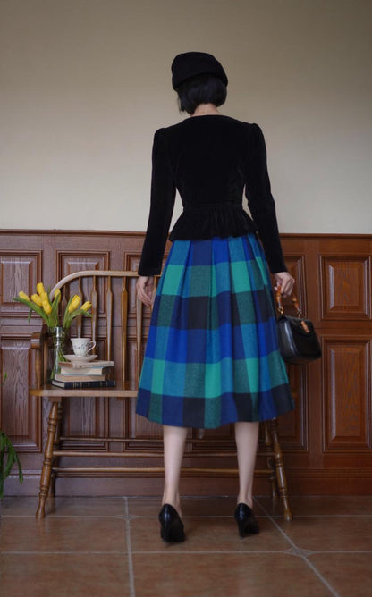 Indigo Green Plaid Retro Umbrella Skirt