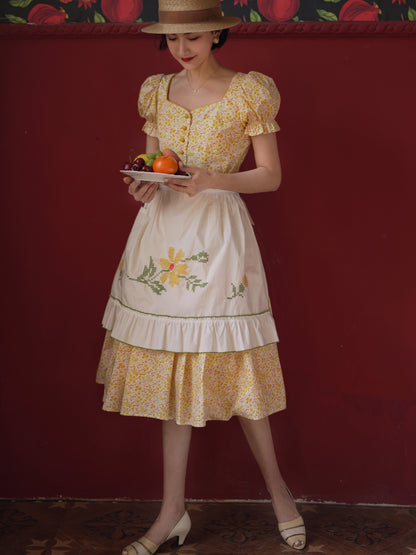 Yellow flower retro dress and embroidered apron