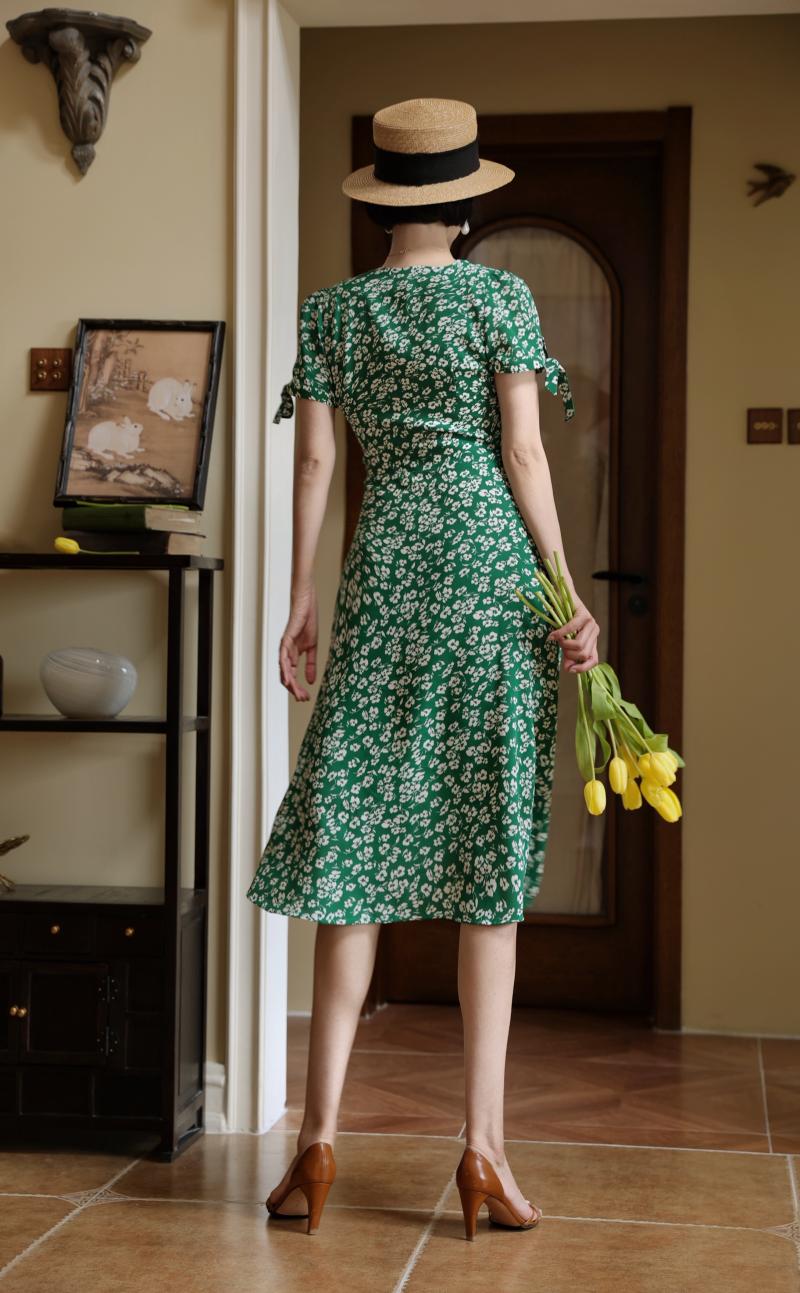 Green Bouquet French Retro Dress