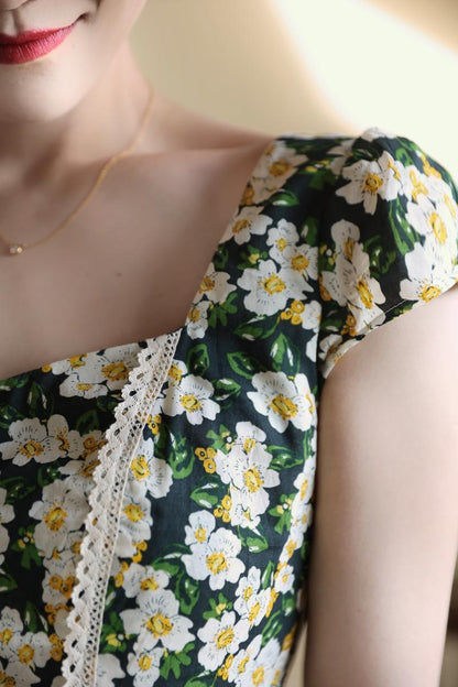 Dark Green Flower Crowd Hepburn Dress