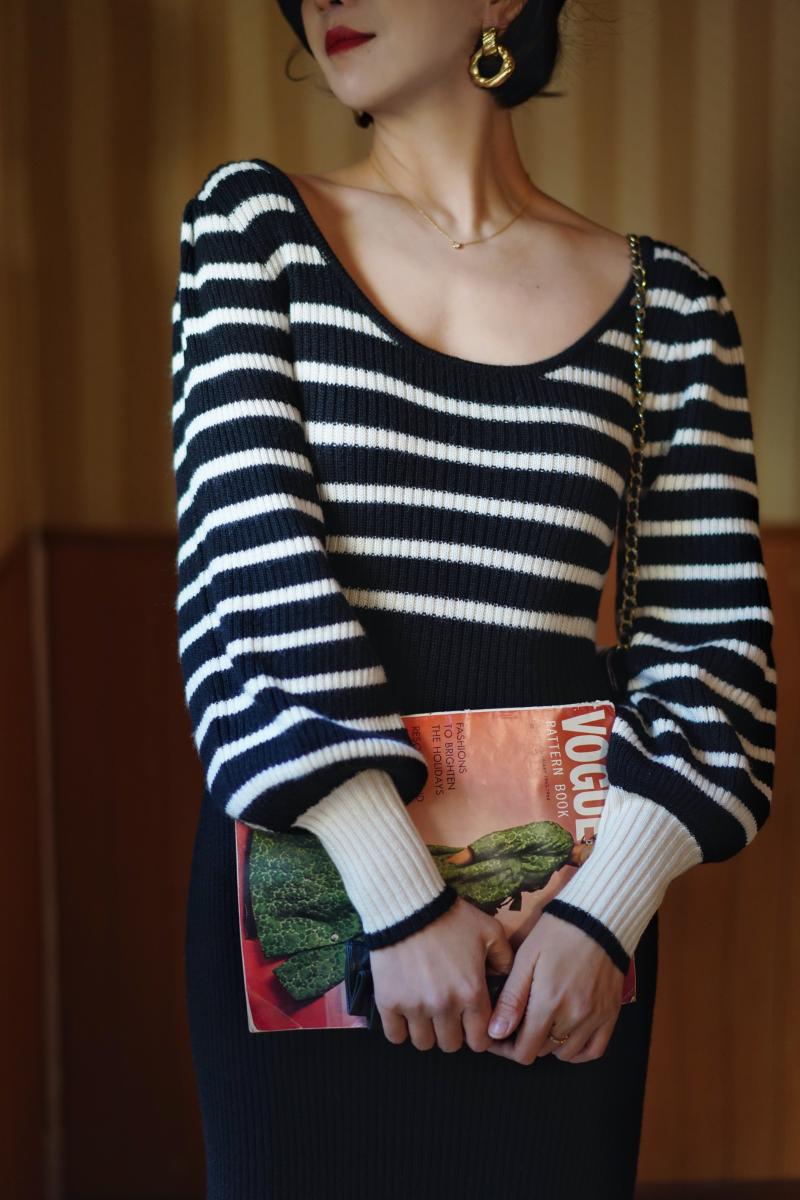 Black and white striped knit dress