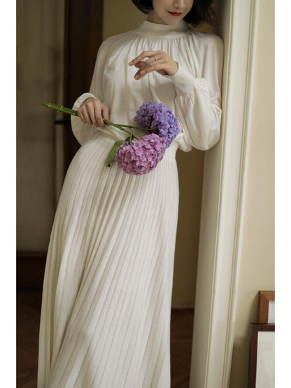 Paris high neck knit and pleated knit long skirt