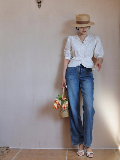 Floral embroidery white retro blouse