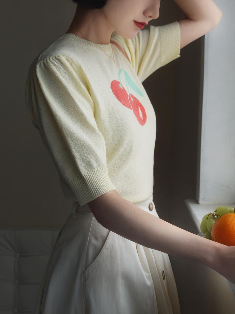 Knitted top with red cherry print