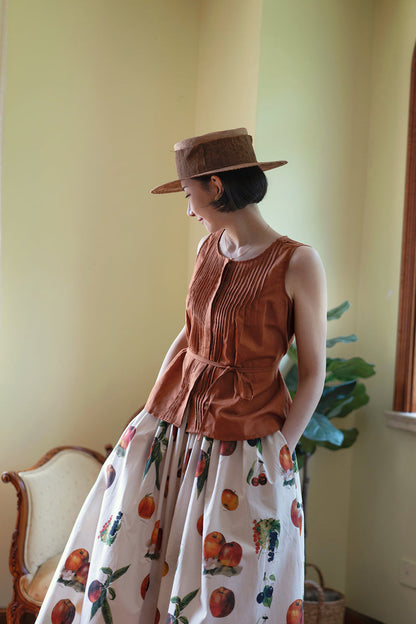 gray brown sleeveless pleated tops