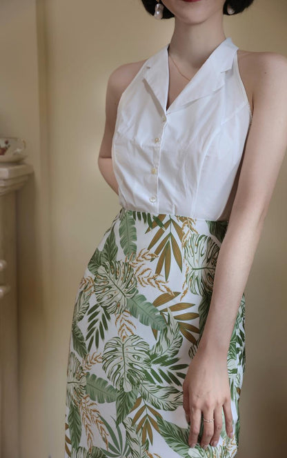 Jungle Leaf Shade Pattern Slim Skirt