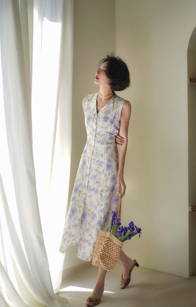 Light purple rose pattern melting dress