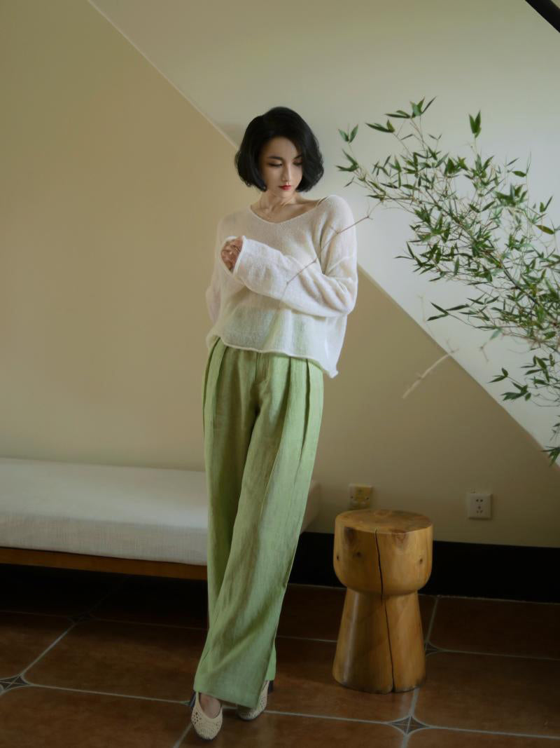 Yellow Light Green Lady Wide Leg Linen Pants