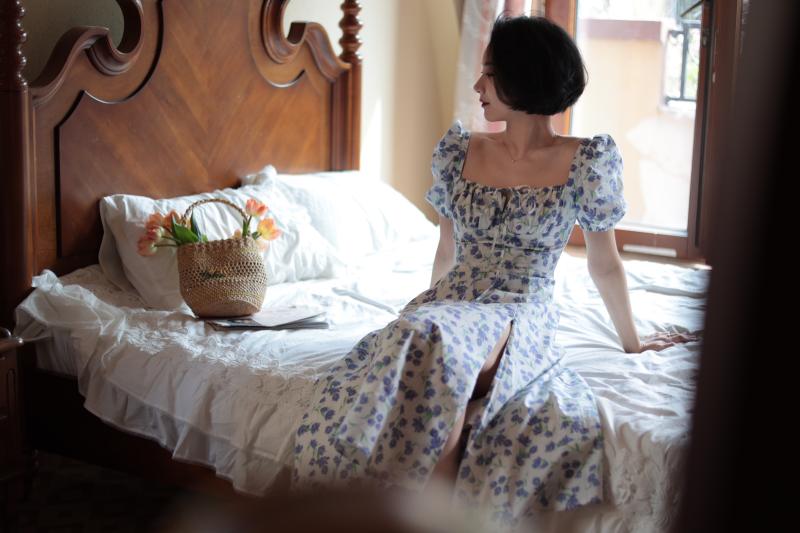 Blue Floral Pattern French Retro Dress