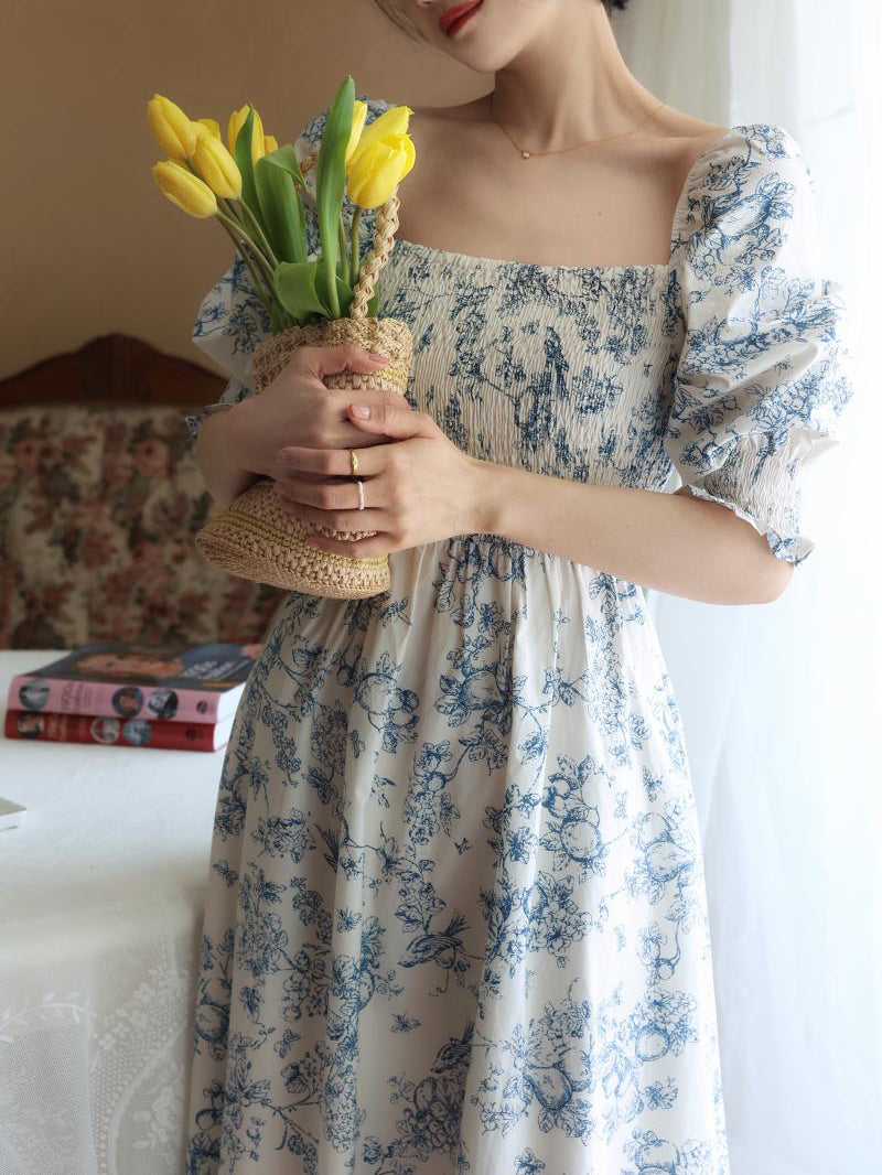 Blue indigo flower pattern retro dress